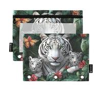 Quteprint Astuccio per raccoglitori a 3 anelli, tigre, giungla, farfalla, fiore, confezione da 2 astucci con cerniera con finestra trasparente e occhielli rinforzati per raccoglitore, astuccio