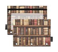 Quteprint Astuccio per raccoglitori a 3 anelli, vecchi libri da libreria, confezione da 2 astucci con cerniera con finestra trasparente e occhielli rinforzati per raccoglitore, organizer per matite