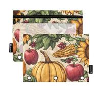 Quteprint Astuccio per raccoglitori a 3 anelli, zucche, mais, girasole, frutta, confezione da 2 astucci con cerniera con finestra trasparente e occhielli rinforzati per raccoglitore, astuccio