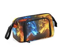 Quteprint Astuccio portamatite di grande capacità, con due lupi rivolti verso il fuoco, astuccio portatile con cerniera, astuccio per cancelleria per ufficio e scuola, per adolescenti, ragazze
