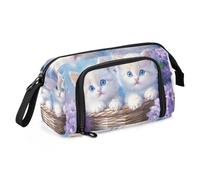 Quteprint Astuccio portamatite di grande capacità, con due simpatici gatti e fiori, astuccio portatile con cerniera, astuccio per cancelleria per ufficio e scuola, per adolescenti, ragazze, ragazzi
