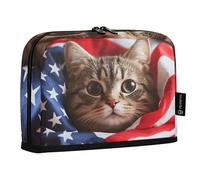Quteprint Astuccio portamatite in piedi, con grazioso gatto con bandiera americana, astuccio per cancelleria, trousse portatile, organizer da scrivania per scuola, ufficio, studenti, ragazzi e ragazze