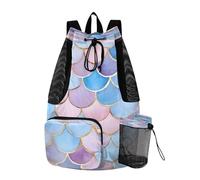 Quteprint Borsa da palestra in rete per uomini e donne, con squame di sirena acquerello, grande zaino con coulisse con tasca asciutta e bagnata, borsa leggera da palestra per sport, viaggi, spiaggia