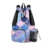 Quteprint Borsa da palestra in rete per uomini e donne, con squame di sirena blu e viola, grande zaino con coulisse con tasca asciutta e bagnata, borsa leggera da palestra per sport, viaggi, spiaggia