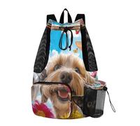 Quteprint Borsa da palestra in rete per uomini e donne, Happy Dogs Cats Spring Flowers, grande zaino con coulisse con tasca asciutta e bagnata, borsa leggera da palestra per sport, viaggi, spiaggia