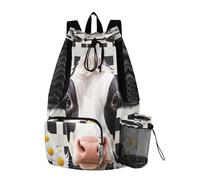 Quteprint Borsa da palestra in rete per uomini e donne, motivo scozzese con fiori di mucca e margherite, grande zaino con coulisse con tasca asciutta e bagnata, borsa leggera da palestra per sport