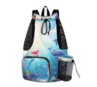 Quteprint Borsa da palestra in rete per uomini e donne, oceano, delfino, sirena, grande zaino con coulisse con tasca asciutta e bagnata, borsa leggera da palestra per sport, viaggi, spiaggia