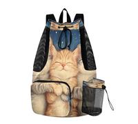 Quteprint Borsa da palestra in rete per uomini e donne, tre simpatici gattini addormentati, grande zaino con coulisse con tasca asciutta e bagnata, borsa leggera da palestra per sport, viaggi