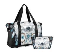 Quteprint Borsa sportiva impermeabile - Borsa da palestra con cuore e piume boho lupo grande capacità borsone con scomparto asciutto bagnato e deposito scarpe, borsa da viaggio per yoga, nuoto