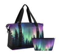 Quteprint Borsa sportiva impermeabile - Borsone da palestra Aurora Borealis Forest Galaxy, grande capacità con scomparto asciutto bagnato e deposito scarpe, borsa da viaggio per yoga, nuoto, viaggio