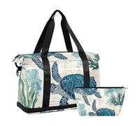 Quteprint Borsa sportiva impermeabile - Borsone vintage con mappa delle tartarughe marine e stella marina, grande capacità, con scomparto asciutto bagnato e deposito scarpe, borsa da viaggio per yoga