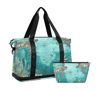 Quteprint Borsa sportiva impermeabile da palestra, con mappa delle tartarughe vintage e stella marina, grande capacità, con scomparto asciutto bagnato e deposito scarpe, borsa da viaggio per yoga