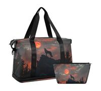 Quteprint Borsa sportiva impermeabile da palestra - Howling Wolf Full Moon borsone grande capacità con scomparto asciutto bagnato e deposito scarpe, borsa da viaggio per yoga, nuoto, viaggio