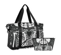 Quteprint Borsa sportiva impermeabile - due scheletri teschio cuore borsone grande capacità con scomparto asciutto bagnato e deposito scarpe, borsa da viaggio per yoga, nuoto, viaggio, allenamento