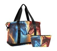 Quteprint Borsa sportiva impermeabile - Fire Two Wolves Wolf grande capacità borsone con scomparto asciutto bagnato e scarpiera, borsa da viaggio per yoga, nuoto, viaggio, allenamento, fitness, viaggi