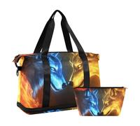Quteprint Borsa sportiva impermeabile - Fuoco due lupi rivolti verso il lupo di fronte a lupi grande capacità borsone con scomparto asciutto bagnato e deposito scarpe, borsa da viaggio per yoga, nuoto