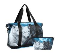 Quteprint Borsa sportiva impermeabile - Lupo Galaxy Stars Moonlight grande capacità borsone con scomparto asciutto bagnato e deposito scarpe, borsa da viaggio per yoga, nuoto, viaggio, allenamento