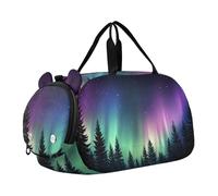 Quteprint Borsone sportivo per bambini e bambine, motivo: Aurora Borealis Forest Galaxy, 100% poliestere, con scomparto separato per scarpe, tracolla regolabile, borsa compatta da viaggio e