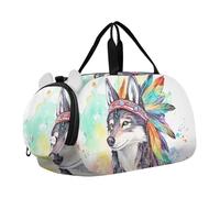 Quteprint Borsone sportivo per bambini per ragazzi e ragazze, etnico acquerello lupo indiano, 100% poliestere, borsa da palestra con scomparto separato per scarpe, tracolla regolabile, borsa compatta