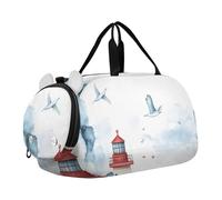 Quteprint Borsone sportivo per bambini per ragazzi e ragazze, motivo acquarello con faro, barche a vela, 100% poliestere, borsa da palestra con scomparto separato per scarpe, tracolla regolabile