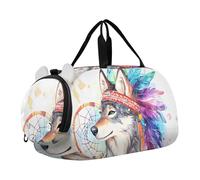 Quteprint Borsone sportivo per ragazzi e ragazze, stile etnico indiano, con lupo acquerello, 100% poliestere, borsa da palestra con scomparto separato per scarpe, tracolla regolabile, borsa compatta