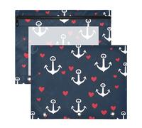 Quteprint Confezione da 2 astucci per raccoglitori a 3 anelli, blu navy, motivo ancora e cuori, formato A4, con finestra trasparente con cerniera, organizer resistente, grande capacità, per scuola