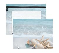 Quteprint Confezione da 2 astucci per raccoglitori a 3 anelli, con conchiglie estive e stelle marine, formato A4, con finestra trasparente con cerniera, organizer resistente, grande capacità, per