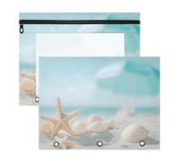 Quteprint Confezione da 2 astucci per raccoglitori a 3 anelli, con conchiglie sabbiose e stelle marine, formato A4, con finestra trasparente con cerniera, organizer resistente, grande capacità, per