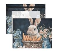 Quteprint Confezione da 2 astucci per raccoglitori a 3 anelli, con coniglietto pasquale acquerello, carote, fiori, raccoglitore A4 con finestra trasparente con cerniera, organizer resistente, grande