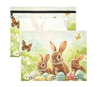 Quteprint Confezione da 2 astucci per raccoglitori a 3 anelli, con coniglietto pasquale, fiori e farfalle, formato A4, con cerniera trasparente, organizer resistente, grande capacità, per scuola e
