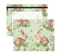Quteprint Confezione da 2 astucci per raccoglitori a 3 anelli, con coniglietto pasquale, uova e fiori, formato A4, con finestra trasparente con cerniera, organizer resistente, grande capacità, per