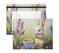 Quteprint Confezione da 2 astucci per raccoglitori a 3 anelli, con coniglietto pasquale viola, astuccio per matite formato A4 con finestra trasparente con cerniera, organizer resistente, grande