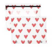 Quteprint Confezione da 2 astucci per raccoglitori a 3 anelli, con cuori rossi Happy Valentine, astuccio A4 con cerniera trasparente, organizer resistente, grande capacità, per scuola, ufficio e