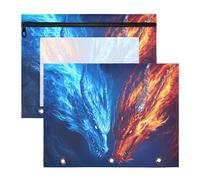 Quteprint Confezione da 2 astucci per raccoglitori a 3 anelli, con due draghi e fiamme, formato A4, con finestra trasparente con cerniera, organizer resistente, grande capacità, per scuola, ufficio e