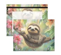 Quteprint Confezione da 2 astucci per raccoglitori a 3 anelli, con fiori e bradipo su albero, formato A4, con finestra trasparente con cerniera, organizer resistente, grande capacità, per scuola