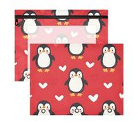 Quteprint Confezione da 2 astucci per raccoglitori a 3 anelli, con graziosi pinguini e cuori, formato A4, con finestra trasparente con cerniera, organizer resistente, grande capacità, per scuola e