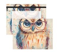 Quteprint Confezione da 2 astucci per raccoglitori a 3 anelli, con gufo dipinto ad acquerello, formato A4, con finestra trasparente con cerniera, organizer resistente, grande capacità, per scuola e