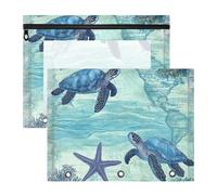 Quteprint Confezione da 2 astucci per raccoglitori a 3 anelli, con mappa vintage e tartarughe marine, formato A4, con finestra trasparente con cerniera, organizer resistente, grande capacità, per