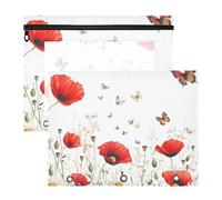 Quteprint Confezione da 2 astucci per raccoglitori a 3 anelli, con papaveri rossi, margherite, farfalle, fiori, astuccio A4 con cerniera trasparente, organizer resistente, grande capacità, per scuola