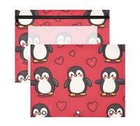 Quteprint Confezione da 2 astucci per raccoglitori a 3 anelli, con pinguini Kawaii, cuori, formato A4, con finestra trasparente con cerniera, organizer resistente, grande capacità, per scuola, ufficio