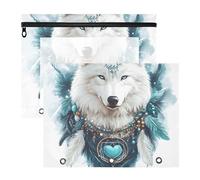 Quteprint Confezione da 2 astucci per raccoglitori a 3 anelli, con piume di cuore e lupo, formato A4, con cerniera trasparente, organizer resistente, grande capacità, per scuola, ufficio e trucco