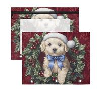 Quteprint Confezione da 2 astucci per raccoglitori a 3 anelli, con simpatico cane di Babbo Natale, astuccio A4 con cerniera trasparente, organizer resistente, grande capacità, per scuola, ufficio e