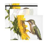 Quteprint Confezione da 2 astucci per raccoglitori a 3 anelli, con uccellini, colibrì, girasole, astuccio A4 con cerniera trasparente, organizer resistente, grande capacità, per scuola, ufficio ma