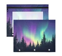 Quteprint Confezione da 2 astucci per raccoglitori a 3 anelli, foresta Galaxy Aurora Borealis, astuccio A4 con cerniera trasparente, organizer resistente, grande capacità, per scuola, ufficio e trucco