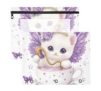 Quteprint Confezione da 2 astucci per raccoglitori a 3 anelli, grazioso astuccio con ali viola e fiori, formato A4, con cerniera trasparente, organizer resistente, grande capacità, per scuola e