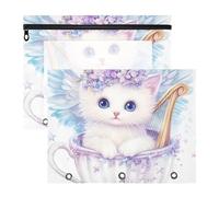 Quteprint Confezione da 2 astucci per raccoglitori a 3 anelli, grazioso gattino con ali, formato A4, con cerniera trasparente, organizer resistente, grande capacità, per scuola, ufficio e trucco