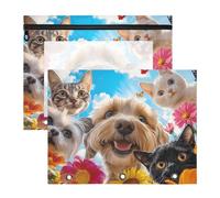 Quteprint Confezione da 2 astucci per raccoglitori a 3 anelli, Happy Dogs Cats Spring Flowers Raccoglitore per matite A4 con cerniera trasparente finestra, organizer resistente, grande capacità, per
