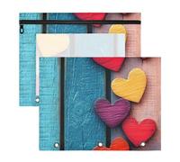 Quteprint Confezione da 2 astucci per raccoglitori a 3 anelli, in legno, con cuori colorati, formato A4, con finestra trasparente con cerniera, organizer resistente, grande capacità, per scuola
