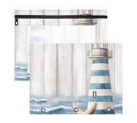 Quteprint Confezione da 2 astucci per raccoglitori a 3 anelli, in legno, motivo: faro marino, stella marina, formato A4, con finestra trasparente con cerniera, organizer resistente, grande capacità