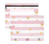 Quteprint Confezione da 2 astucci per raccoglitori a 3 anelli, motivo a righe rosa e oro, con cuori, formato A4, con finestra trasparente con cerniera, organizer resistente, grande capacità, per